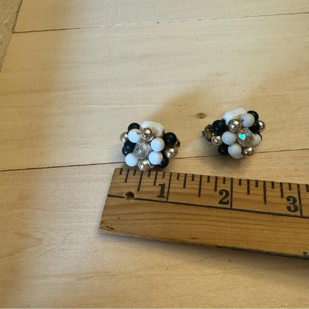 Vintage Milk Glass Crystal Black Gold Bead Clip On Earrings Marked Japan